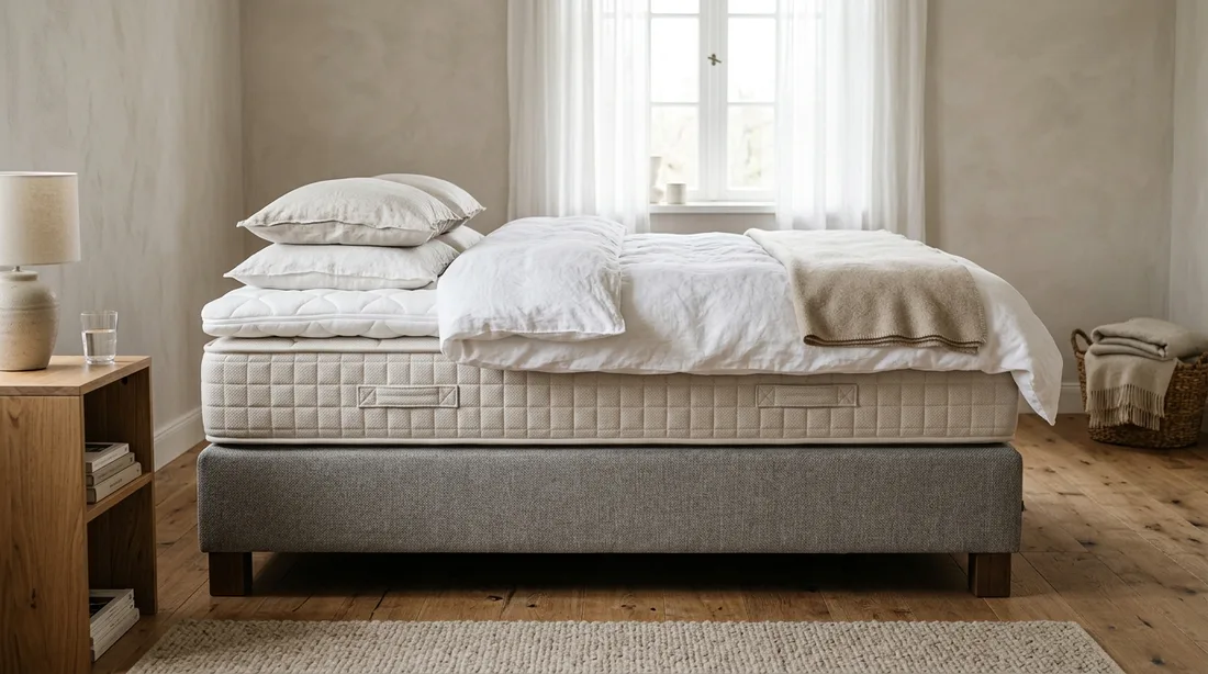 Boxspringbett von der Seite mit Unterbau, Matratze und Topper übereinander